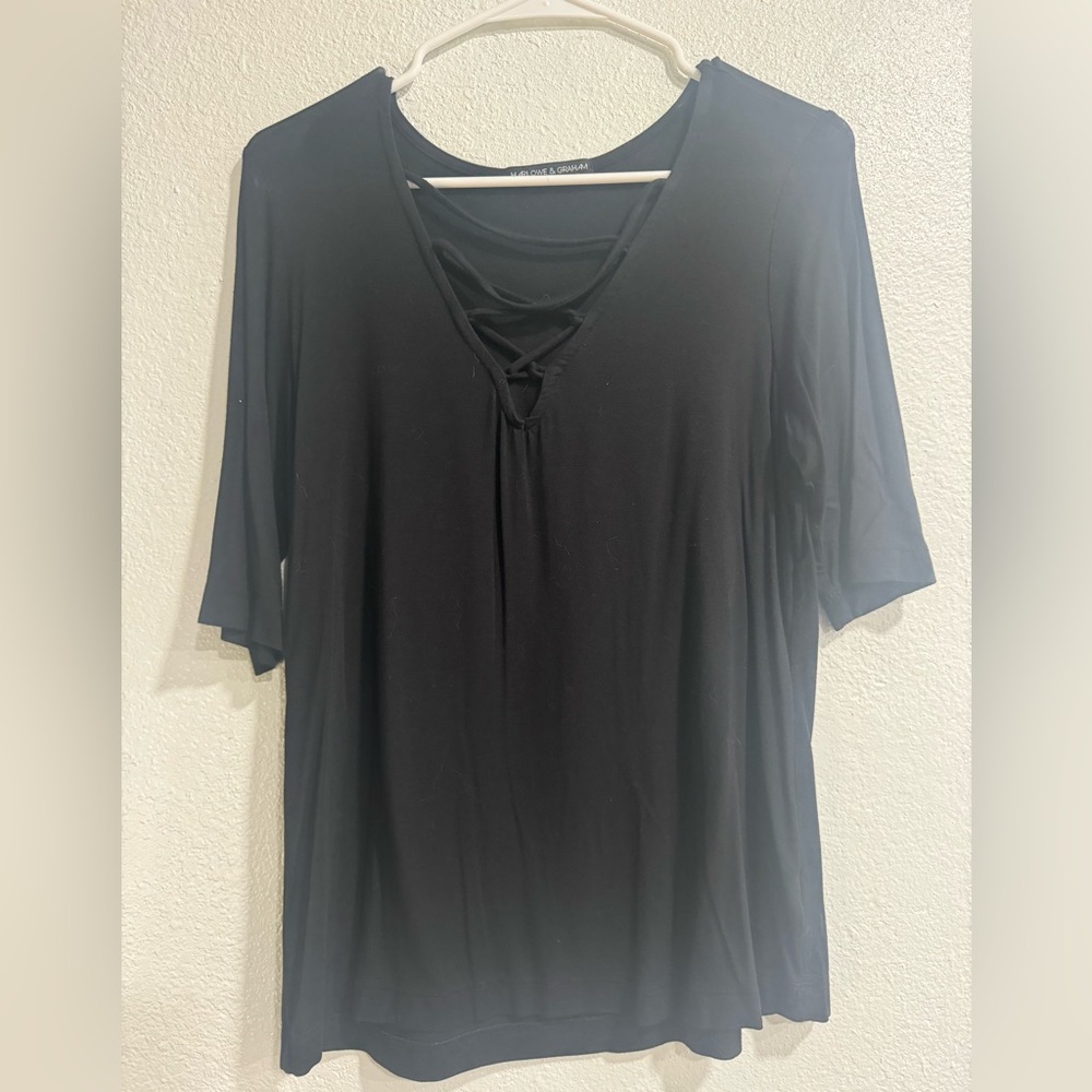 Harlowe & Graham Short Sleeve Lace Up V-Neck Top